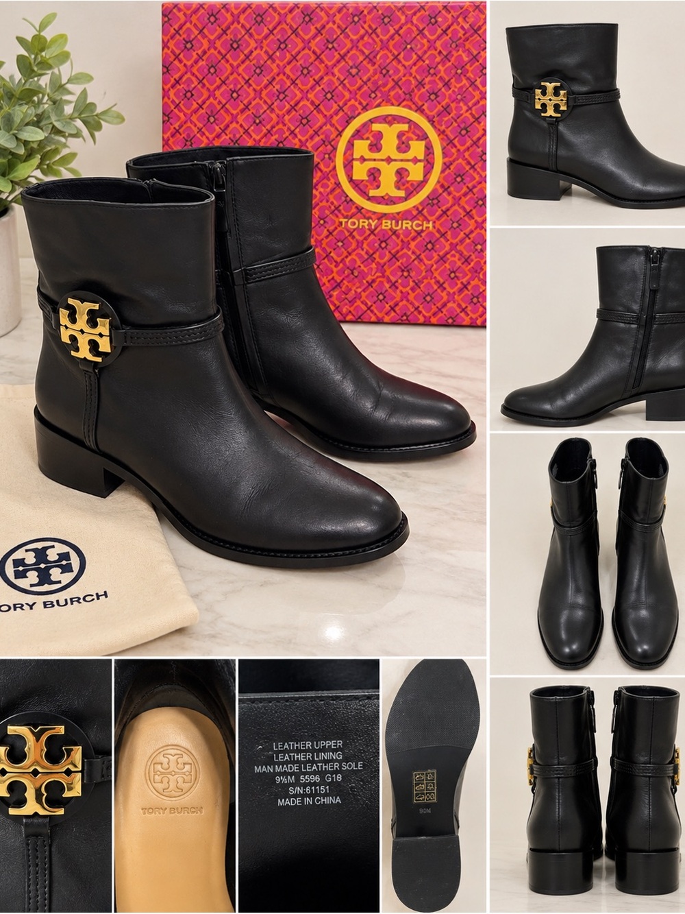 Tory Burch Black Leather Logo Ankle Boots Gold Hardware Size 9.5